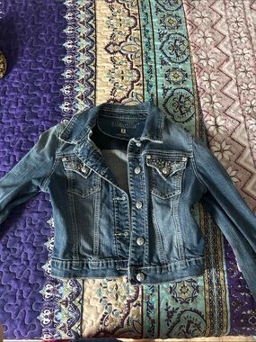 MISS ME Cropped Denim Jean Jacket Rhinestone studded  ~ Size S Juniors, preowned